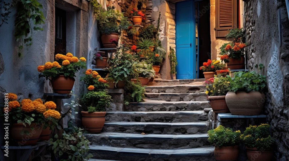  a set of steps leading up to a blue door with potted plants.  generative ai