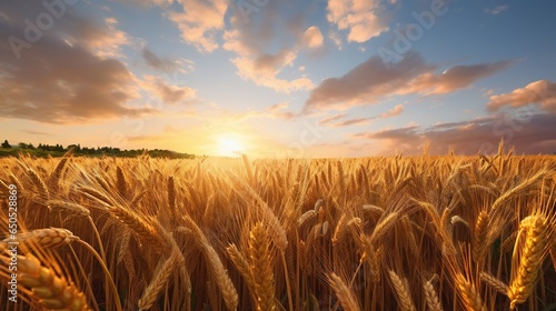  a field of wheat with the sun setting in the background. generative ai
