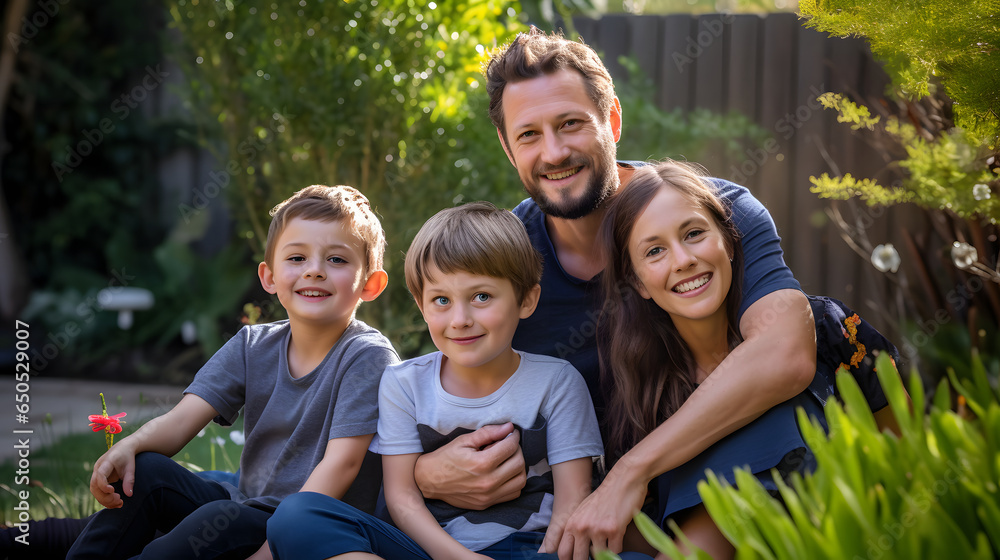 Portrait of a smiling family relaxing in the backyard of a house, Happy family spending time together in the garden at home Portrait of a smiling family relaxing in the backyard of a house, Happy family spending time together in the garden at home