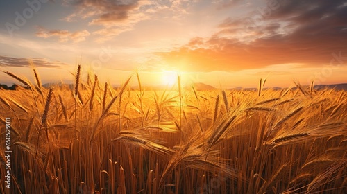  a field of wheat with the sun setting in the background.  generative ai © Olga