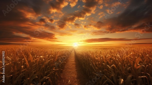  the sun is setting over a field of corn with a path leading to it. generative ai