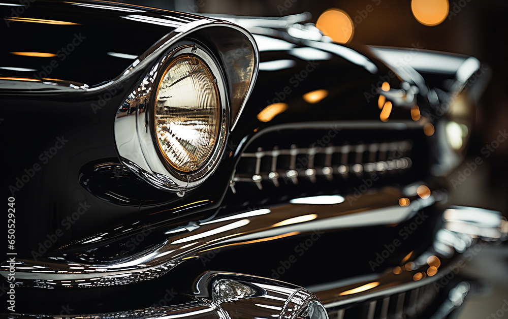 Front lights of a timeless black vintage automobile.