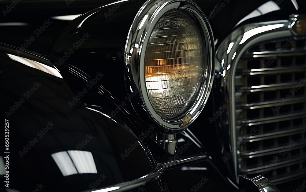 close up look at the headlights of a sleek vintage black car