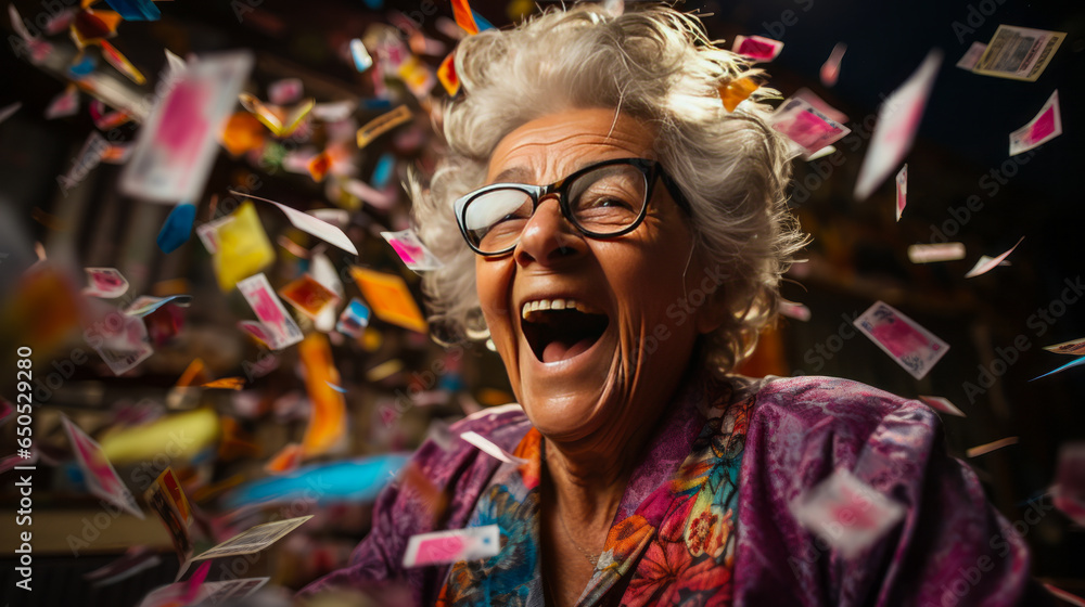 Vibrant, energetic elderly woman with curly hair dancing in pure joy with a loyalty card, set against a vividly colored studio background.