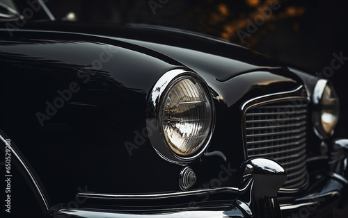 Detailed view of the front lights on a classic black automobile.