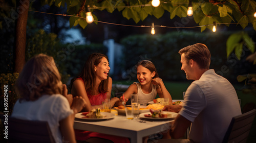 Portrait of a smiling family dining in the backyard of a house, happy young family eating lunch in garden