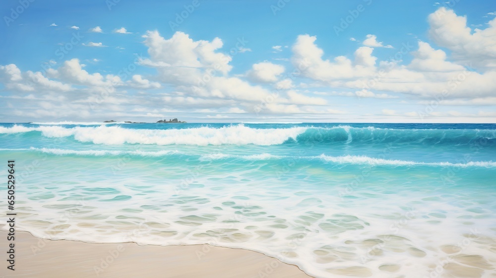  a painting of a beach with waves crashing on the shore.  generative ai
