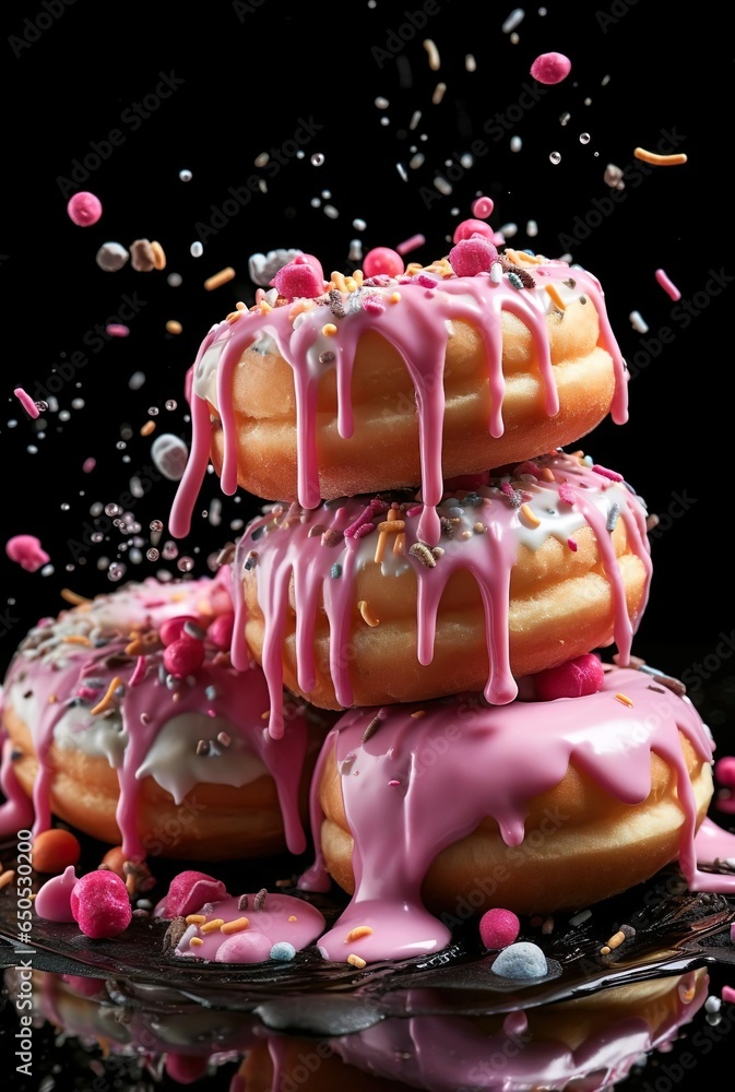 Closeup of donuts with pink cream and sprinkles drop from the top with splashes