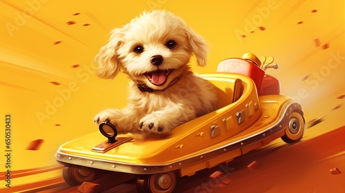  a white dog is riding in a toy car with a yellow background.  generative ai