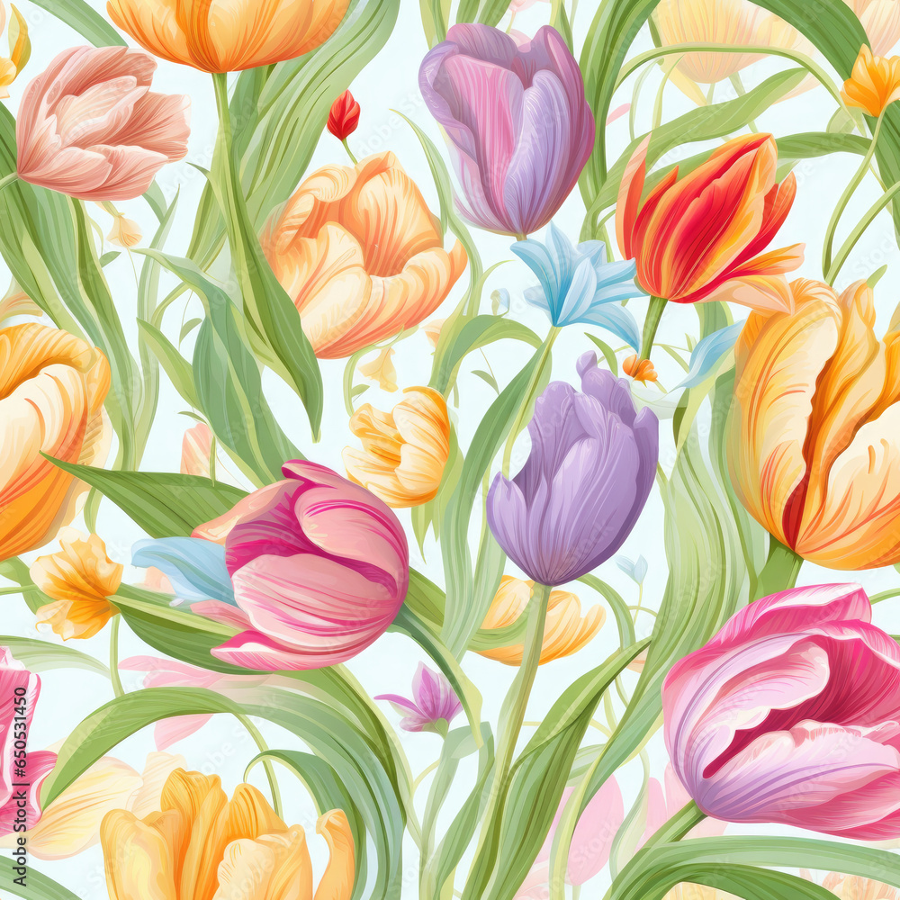 Delicate tulip blooms with swirling leaf elements seamless pattern, AI Generated Delicate tulip blooms with swirling leaf elements seamless pattern, AI Generated
