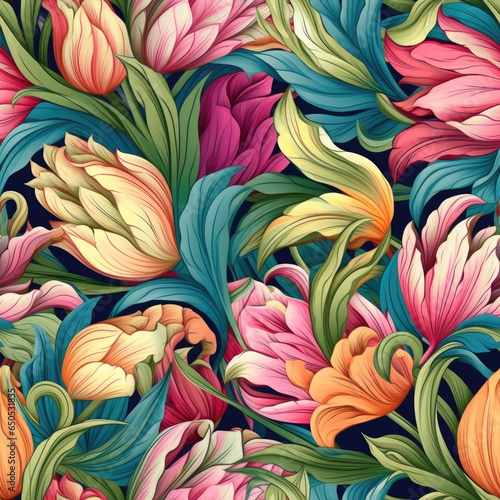Delicate tulip blooms with swirling leaf elements seamless pattern, AI Generated
