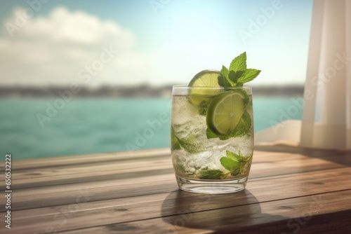 Mojito cocktail on wooden table with sea view and blue sky background