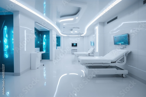 Interior of a modern hospital corridor, medicine and healthcare concept.