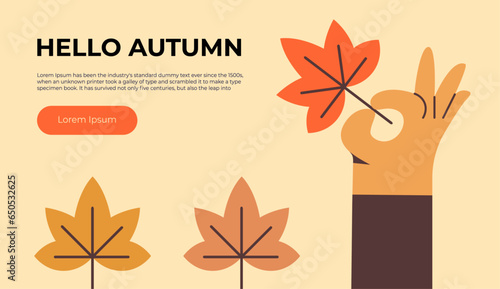 Falling leaves. A hand holds an orange maple leaf against the background of leaf fall. Flat vector illustration with Hello Autumn lettering.