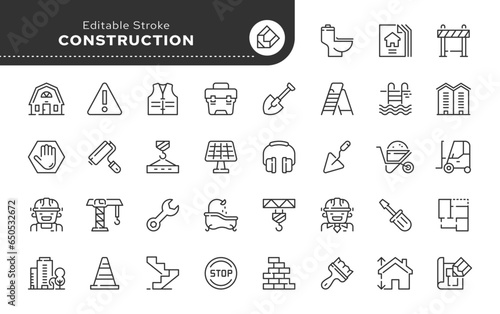 Construction. Contour linear web line icons. Design, repair, tools and construction infographics. Vector outline set.