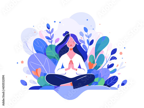 Girl meditating illustration, floral nature, blue and purple and pink