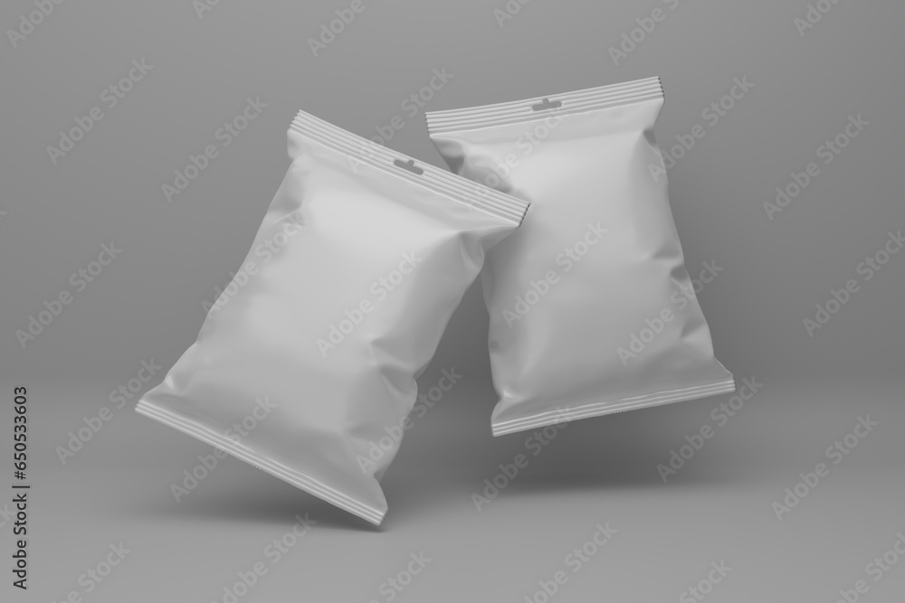 3d Chips bag mock up isolated on white background. chips of crackers packaging tilted with shadow render 3d Chips bag mock up isolated on white background. chips of crackers packaging tilted with shadow render