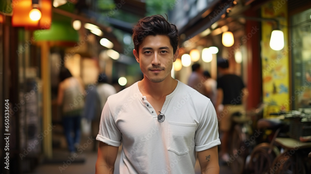 Young muscular asian man standing in a street wearing white t-shirt Young muscular asian man standing in a street wearing white t-shirt