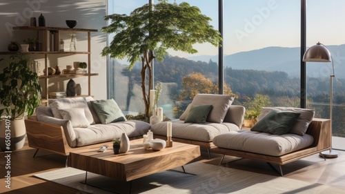 Natural minimalist interior on mountains, wood and armchair landscape background © rodrigo