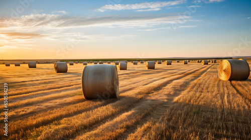 Depict a vast hay field stretching out towards the horizon, punctuated with round bales of straw freshly rolled up.