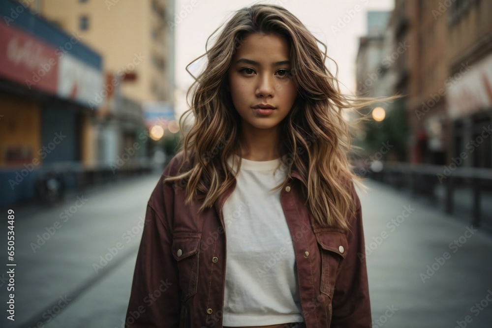 Analog style portrait of beautiful girl in city background
