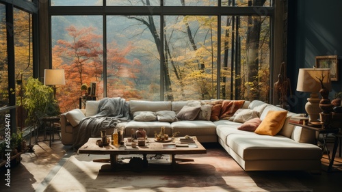 Natural minimalist interior on mountains, wood and armchair landscape background