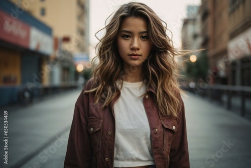 Analog style portrait of beautiful girl in city background