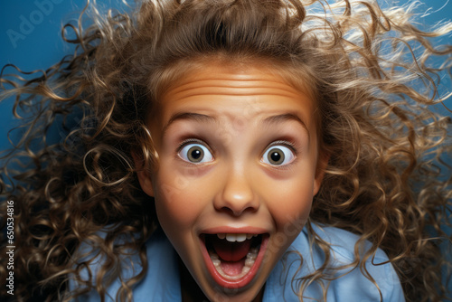 Electrifying young girl with floating hair in awe of static experiment, set against a plain backdrop, an amusing and memorable visual with a comedic twist.