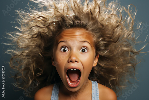 Electrifying portrayal of a young girl with floating hair, captivated and amazed by a static electricity experiment. Plain studio background emphasizing her exaggerated expression.