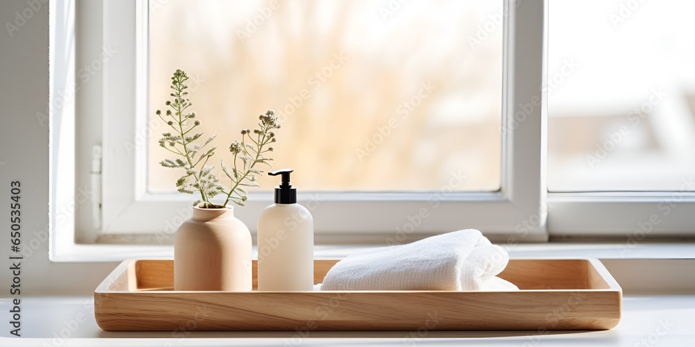 Fototapeta premium Wooden bathroom tray with mock up dispenser bottles and towel on a table, spa cosmetic products concept