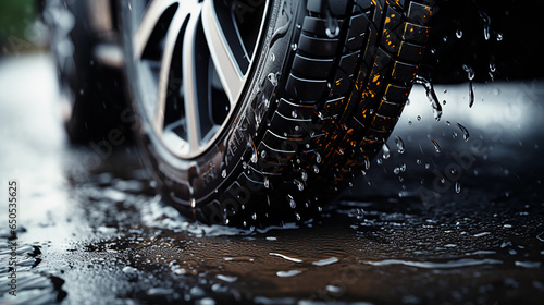 Car wheel in rain, dripping wet tire underside closeup portrait with road background photo