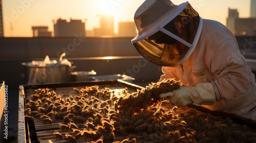 beekeeper caring for the bees that produce honey, separating the sheets of wax produced by the bees © rodrigo