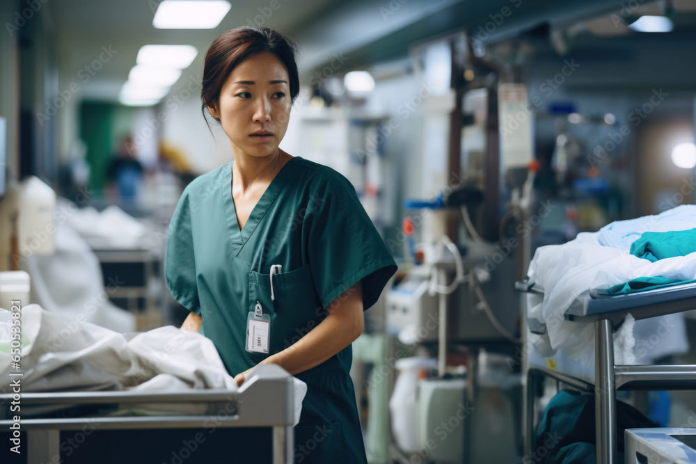Female nurse in a tense situation at the hospital, looking concentrated and concerned - obrazy, fototapety, plakaty 