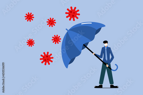 a man wearing a mask repels or defends against the corona virus using an umbrella, the importance of using a mask for health, the dangers of the corona virus.