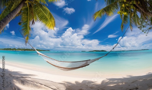 A relaxing hammock hanging from a palm tree on a beautiful beach