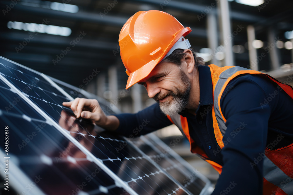 Man wearing orange hard hat and safety vest is seen working on solar