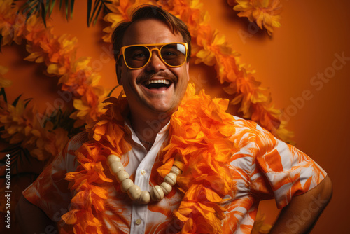 Man wearing colorful Hawaiian shirt and sunglasses poses for picture. This image can be used to depict summer, vacation, travel, or leisure activities.