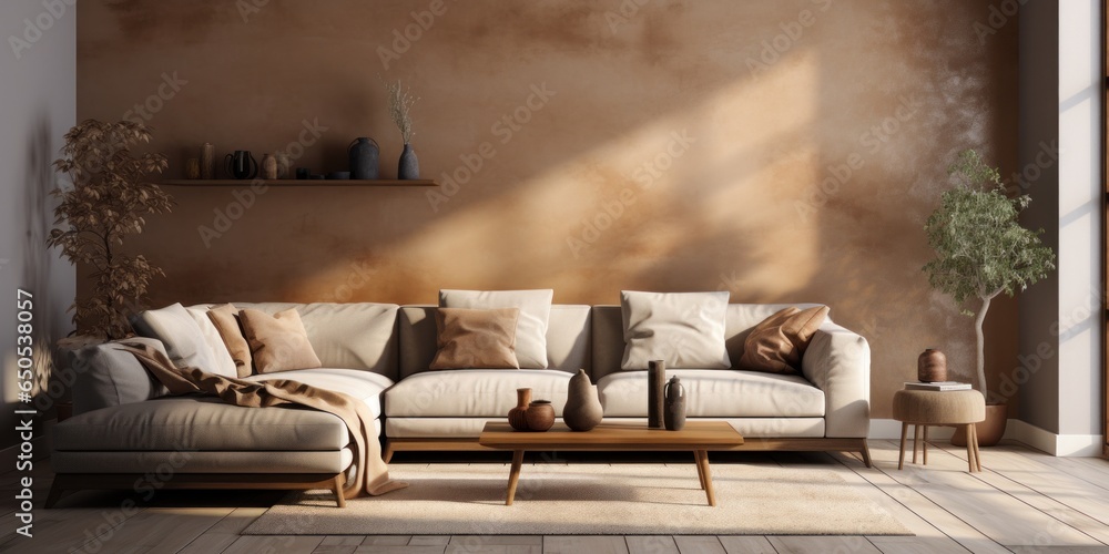 Interior design of cozy living room with stylish sofa, coffee table, flowers in vase, mock up wall, carpet and natural light Interior design of cozy living room with stylish sofa, coffee table, flowers in vase, mock up wall, carpet and natural light