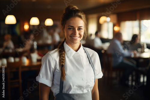 Woman wearing white shirt and blue apron. Suitable for use in cooking  baking  or restaurant-related projects.