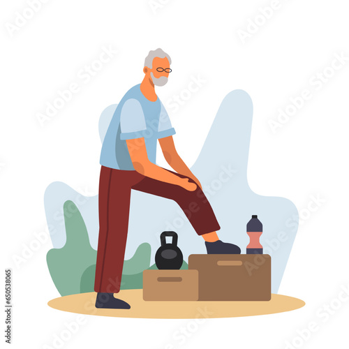 Old male training with equipment outside. Healthy and active lifestyle for old people concept. Flat vector illustration in cartoon style in blue colors
