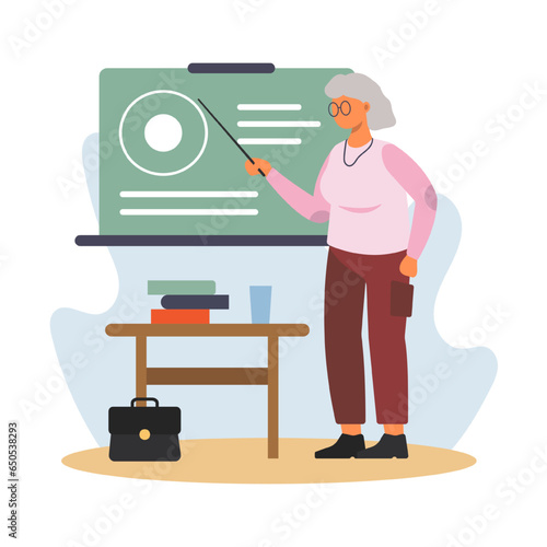 Senior female standing near board and teaching students. Positive senior spending time at work. Happy old age. Concept of happy retirement. Flat vector illustration in cartoon style
