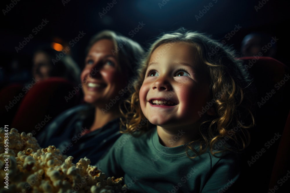 Woman and child are engrossed in watching movie together. This image can be used to depict family bonding, quality time, movie night, or leisure activities.