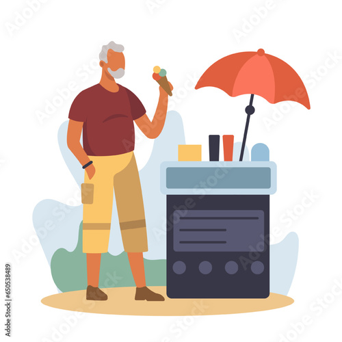 Man eating ice-cream outside, resting in park. Modern and active lifestyle for old people concept. Happy old age. Flat vector illustration in cartoon style in blue colors © ANDRII