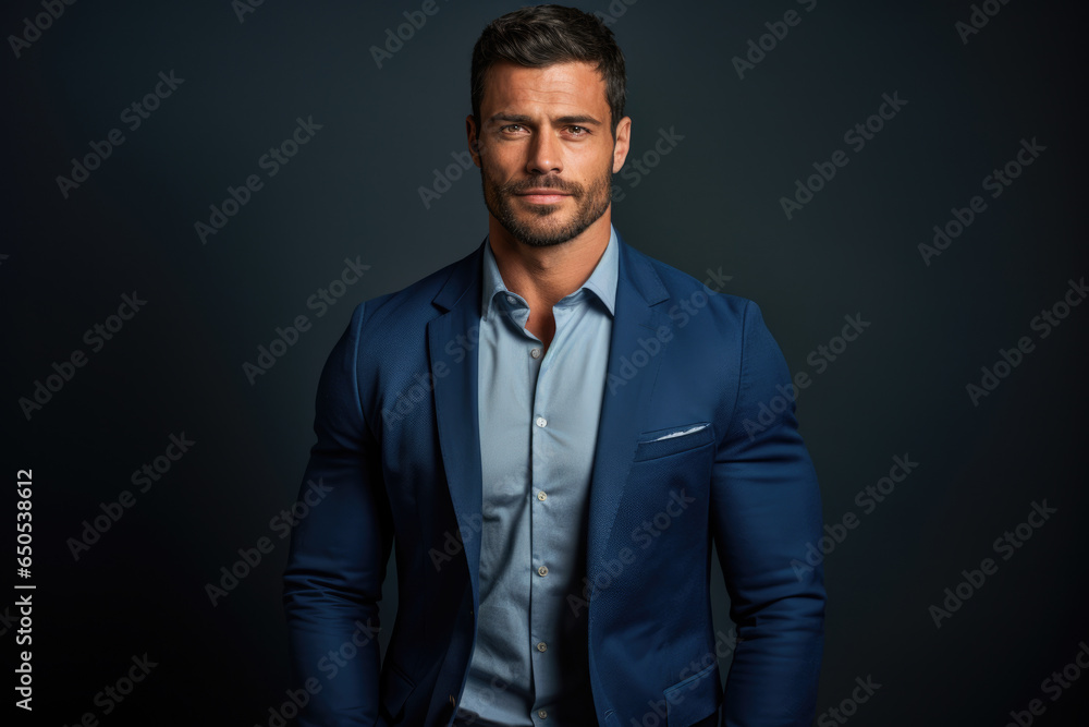 Man dressed in blue suit strikes pose for photograph. This image can be used for professional headshots, business profiles, or corporate marketing materials. Man dressed in blue suit strikes pose for photograph. This image can be used for professional headshots, business profiles, or corporate marketing materials.