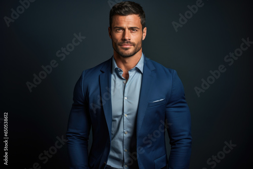 Man dressed in blue suit strikes pose for photograph. This image can be used for professional headshots, business profiles, or corporate marketing materials. © vefimov