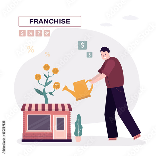 Successful franchise business with money tree. Businessman watering and growing profitable network business, successful model. Franchising shop building. Selling buying new business