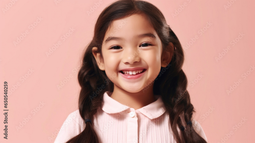 Adorable girl in a beige-pink studio setting. Adorable girl in a beige-pink studio setting.