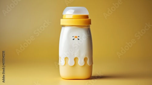 A concept image showcasing breastmilk storage, featuring a cute, small, plastic bottle filled with breastmilk symbolizing motherhood and infant nutrition.