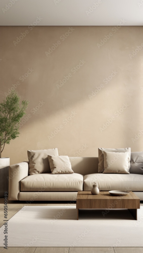 Interior design of cozy and sleek living room with stylish sofa, coffee table, flowers in vase, texture wall, fabulous finishings and natural light Interior design of cozy and sleek living room with stylish sofa, coffee table, flowers in vase, texture wall, fabulous finishings and natural light