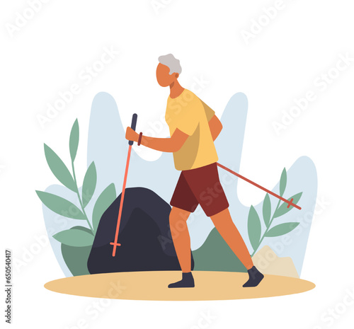 Senior man with trekking poles walking outside, training. Healthy and active lifestyle for old people concept. Flat vector illustration in cartoon style in blue colors